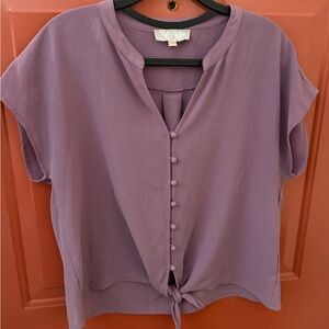 Pink Rose Lavender Button-Front Tie-Hem Blouse